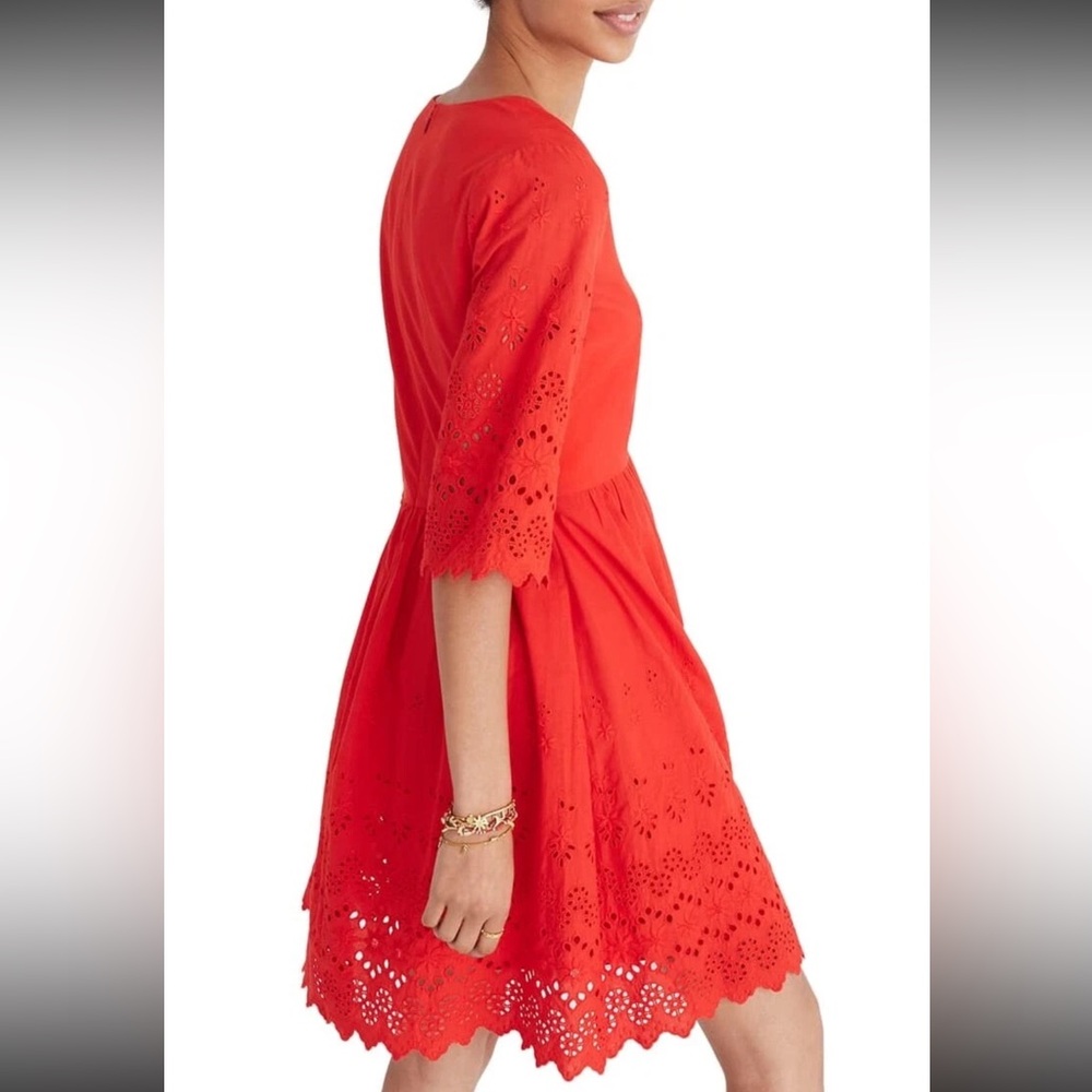 Madewell 153436 Women's Eyelet Lattice Dress V-Neck Bright Poppy Red Sz. 12 - Picture 2 of 14